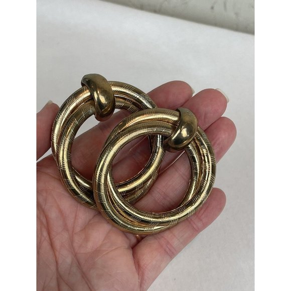 Vintage Extra-Large Hoop Earrings Gold Tone Pierced Statement Etched Brass - Picture 9 of 9